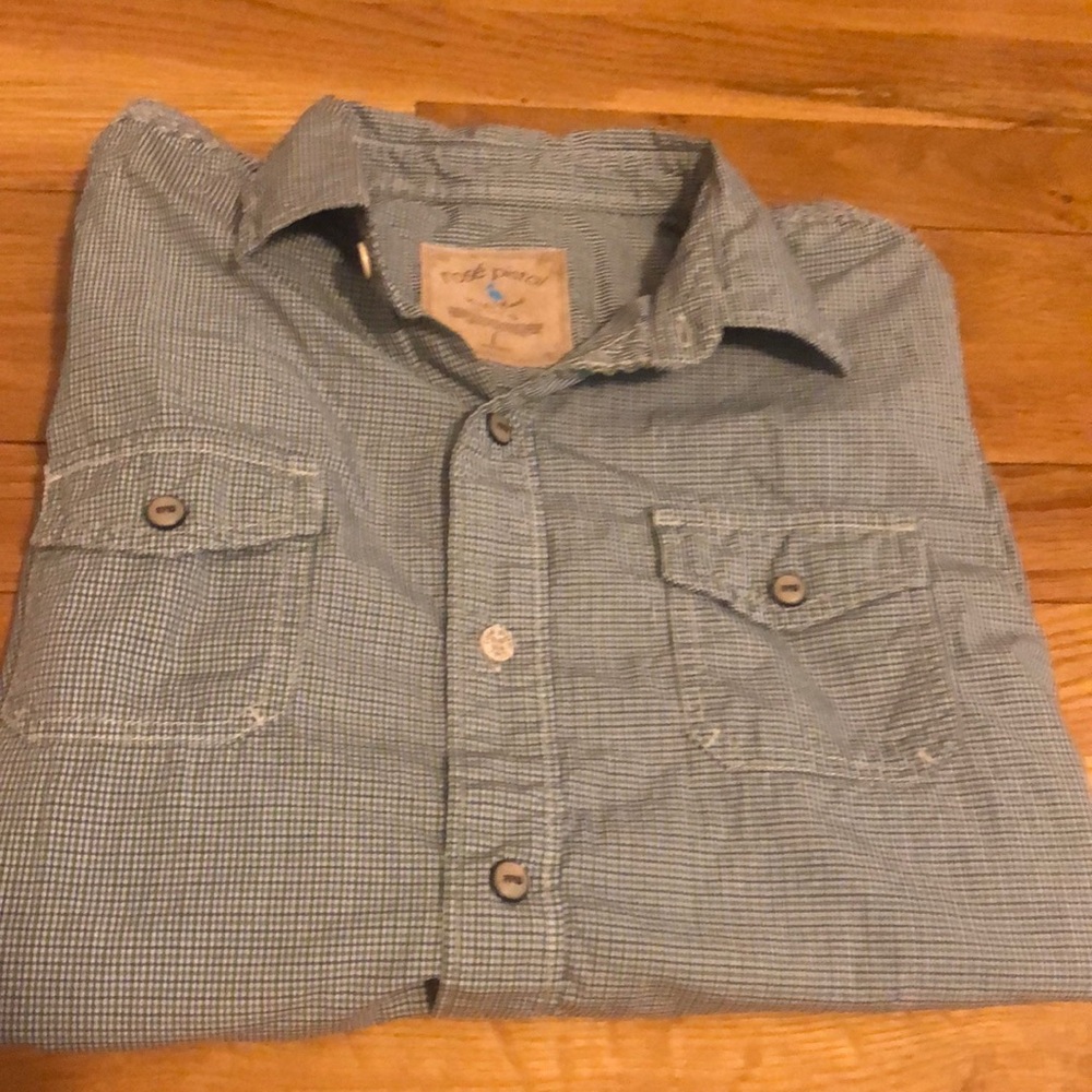 Boys rose pistol button down shirt green plaid with deep blue size Large
